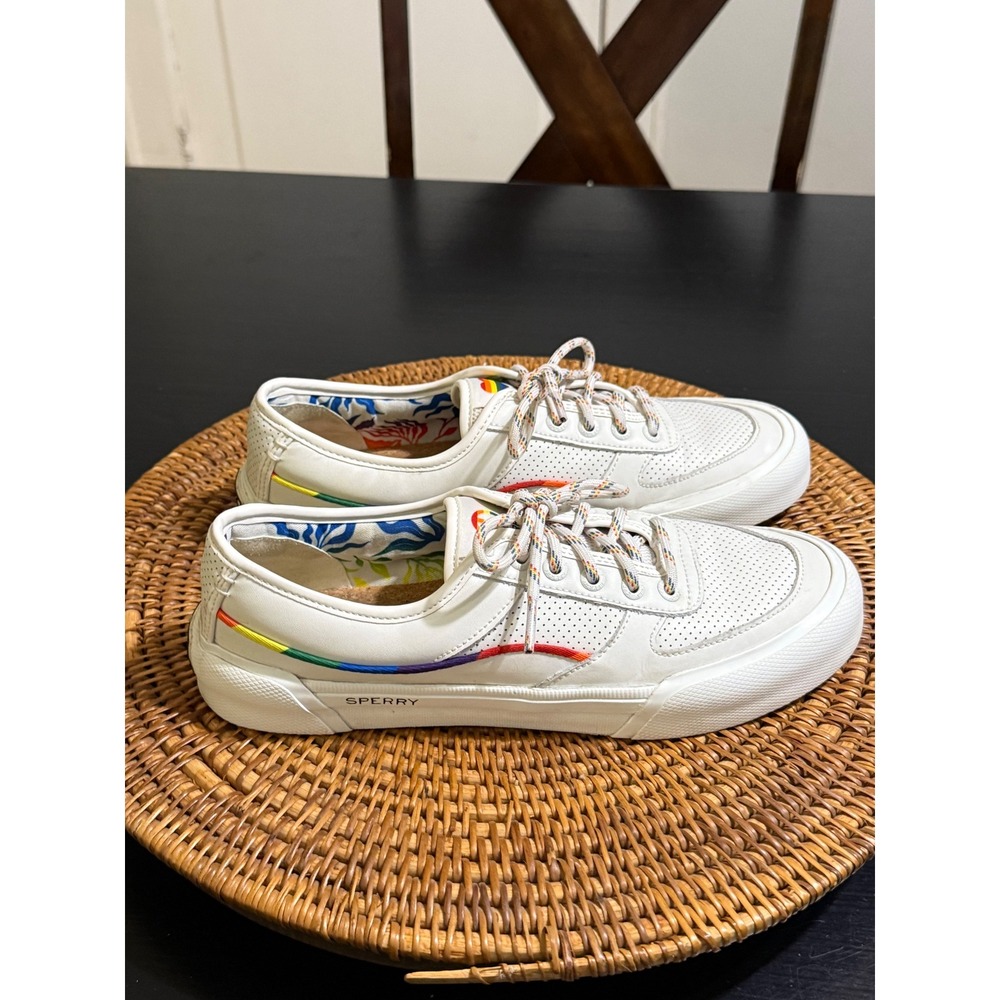 Sperry Soletide Pride White Leather Rainbow Sneakers Womens 9 STS87525